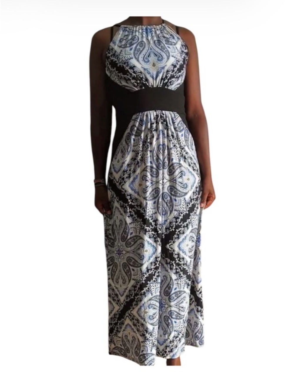 New York & Company Black Halter Paisley Print Maxi Dress Size M